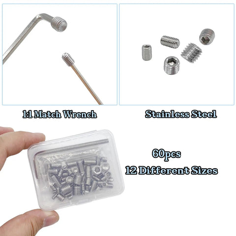 60 Piece Set Of Allen Head Grub Screws M3 To M8 In Stainless Steel Pro Grade For Home Repair Door Lock Install Furniture Fix Electronics DIY Projects And More 12 Sizes shown with hex wrench and case