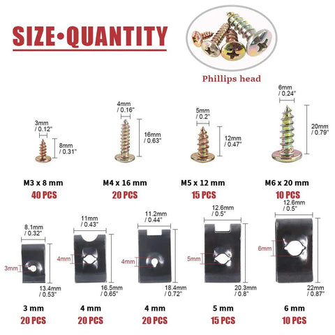 170 Piece U Nut Clips Assortment Kit With Zinc Plated Phillips Screws Black Phosphate Finish with size details.