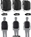 Size comparison of Go-To 45L Carry-On Backpack For Men And Women with different dimensions on silhouette figures.