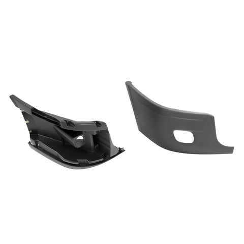 Two-piece black plastic front bumper end cap and inner reinforcement for Freightliner Cascadia, passenger-side.
