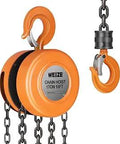 Orange chain hoist with hook, labeled for 1 ton capacity, featuring durable iron construction and black chain for secure lifting.