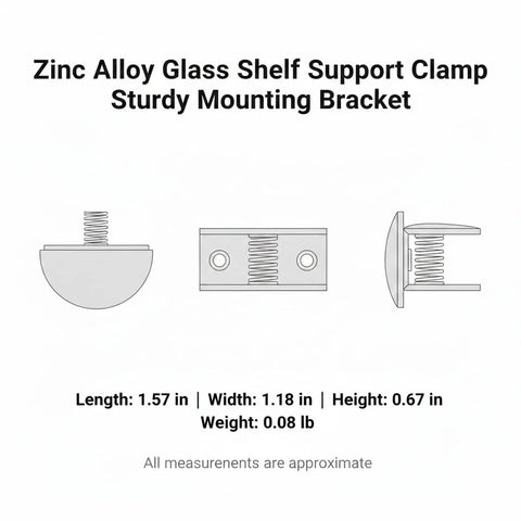 Technical diagram of Zinc Alloy Glass Shelf Support Clamp Rock Solid Mounting Bracket for bathroom cabinets with dimensions.