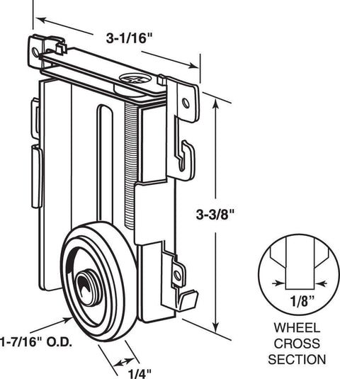 Illustration of Mirror Door Roller Assembly With Nylon Flat Wheel And Snap In Bracket Clips For Steel Framed Doors Replacement Part