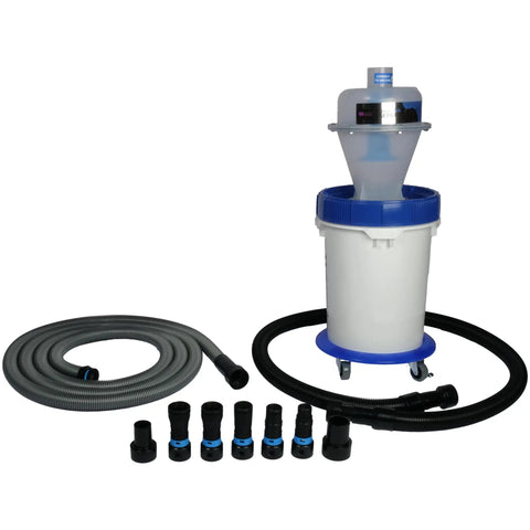 Assembled Quick Click Dust Separator And 5 Gallon Locking Collection Bin With Caster Dolly Power Tool Adapter Set And 16 Ft Hose