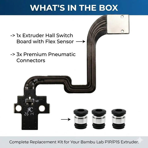 Extruder Hall Switch Sensor Flex Ribbon Cable with three pneumatic connectors for P1S and P1P 3D Printer replacement parts.