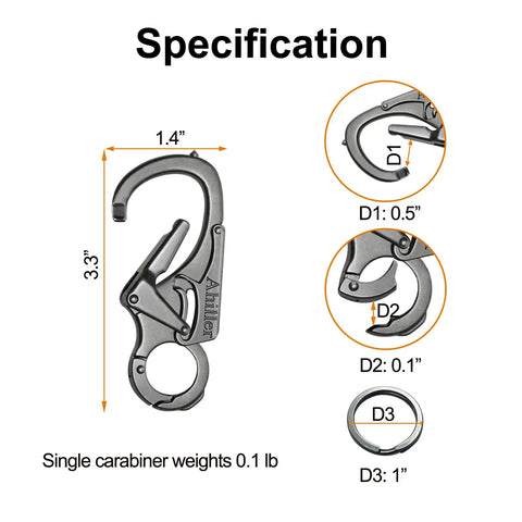 Rugged 3 Inch Carabiner Keychain Clip With Dual Locking Design And Tungsten Steel Spike Multi Tool For Camping Hiking Fishing And Outdoor Survival Gunmetal Finish showing size specifications.