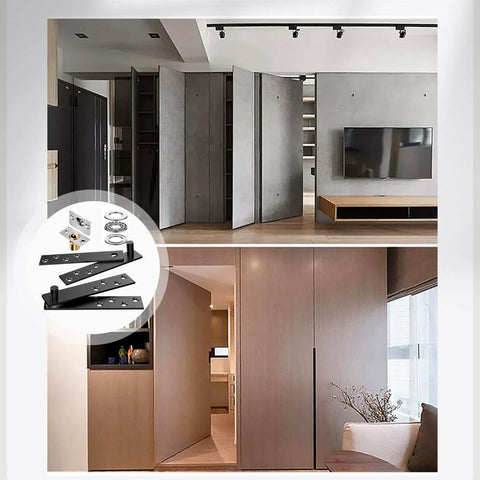 Hidden Door Hinge Set 360 Degree Stainless Steel Pivot Hinge Heavy Duty Up To 300 Lbs Load Bearing For Secret Concealed Doors And Hidden Bookcase Doors Black Finish installed with open and closed doors.