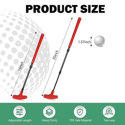 Adjustable Golf Putter Set With Telescoping Shaft From 16 To 35 Inches showing size comparison with golf ball.