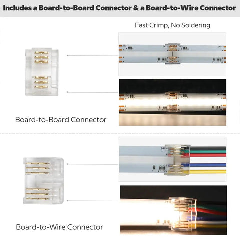 24V DC Color Changing RGBCCT Dotless COB LED Strip Lights DIY Friendly High Density 4200 LEDs RGBWW connectors shown