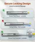 Beefy Heavy Duty Locking Drawer Slides For Side Mounts, 1 Pair, 3 Fold Full Extension Ball Bearing Rails, Cabinets And Tool Box Runners, 12 To 80 Inch Range, 500 Lb Capacity, Blue, 3.7ft Length showing locking positions