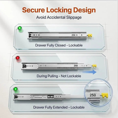 Beefy Heavy Duty Locking Drawer Slides For Side Mounts, 1 Pair, 3 Fold Full Extension Ball Bearing Rails, Cabinets And Tool Box Runners, 12 To 80 Inch Range, 500 Lb Capacity, Blue, 3.7ft Length showing locking positions