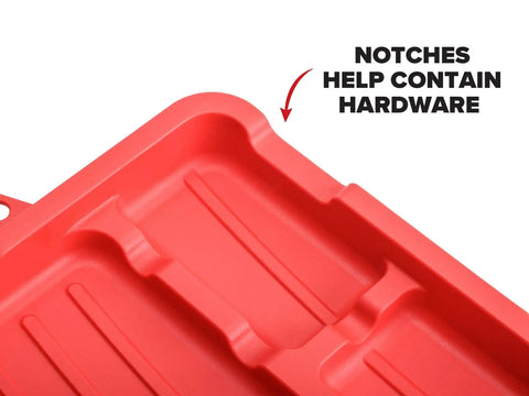 Close-up of red tool tray from Set Of 2 Flexible Tool Trays Organizer For Screws Nuts Bolts Non Magnetic With Grab And Go Handles Spill Proof Storage