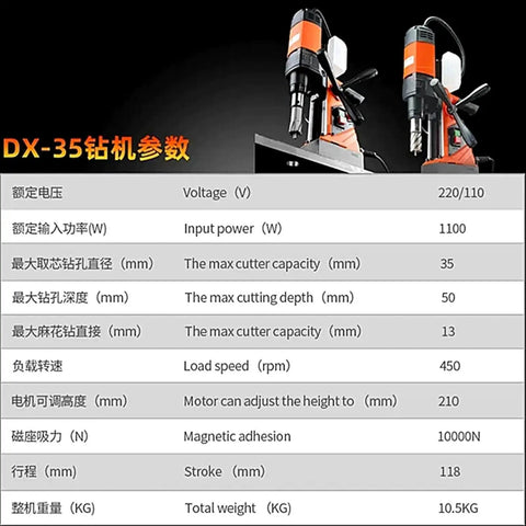 DX35 Magnetic Core Drill specifications table with power, capacity, and features details, highlighting 1500W power for metal cutting.
