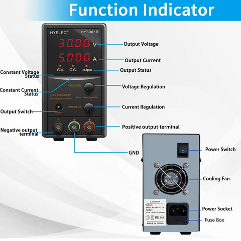 30V 5A Adjustable DC Bench Power Supply With 4 Digit LED Display function indicators and rear panel view