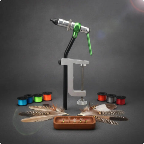 Adjustable Head Fly Tying Vise With Hardened Steel Hook Holding Compact Desktop Vise For Anglers Bench Work Purple Finish Durable Tool Built For Precise Fly Tying, with thread spools and flies