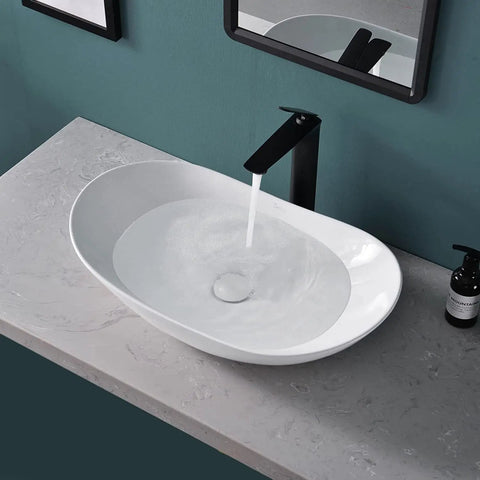 Large Oval Vessel Sink 24 Inch By 13.8 Inch White Ceramic Above Counter Bathroom Sink With Pop Up Drain Modern European Style
