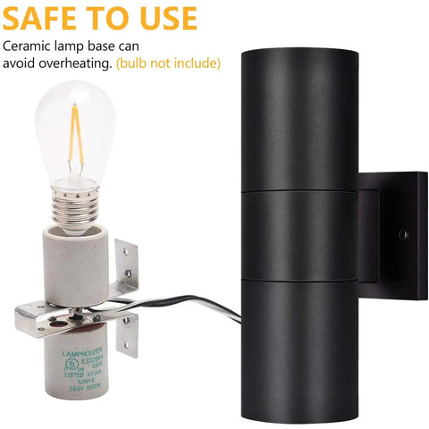 Modern Outdoor Wall Lights Up and Down Cylinder Sconce Matte Black Pack of 2, showing socket and bulb holder design