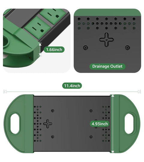 Weatherproof Outdoor Power Strip With Eight Outlets IPX6 Waterproof Extension Cord for Wet Conditions, green, dimensions shown.