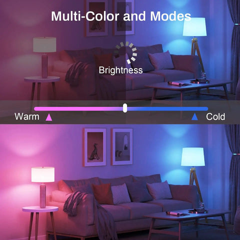 Smart LED Light Bulbs, 16 Million Color Changing Dimmable in living room, showing warm to cold light settings