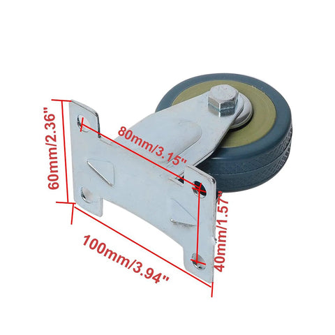 4 Inch Heavy Duty Rubber Fixed Caster Wheels With Galvanized Top Plate Non Swivel for small machinery, showing dimensions.