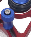 Close-up of Rugged Woodworking Bearing Feeder Set with Sliding Blocks showing blue adjustment knob and red frame components.