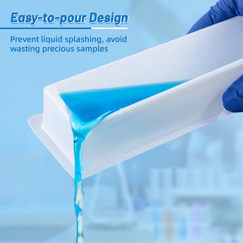 White PS single-channel reagent reservoir with blue liquid.