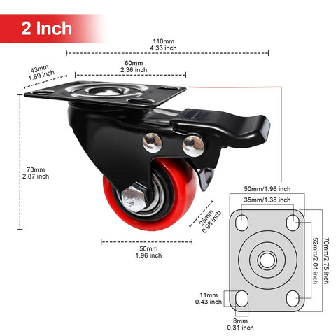 2 Inch Heavy Duty Caster Wheel with Dual Brakes; polyurethane material; used for smooth mobility with 150 lb capacity each.