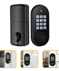 Slick Electronic Keypad Keyless Entry Door Lock And Rock Solid Deadbolt for front door, black finish, featuring number pad and key access.