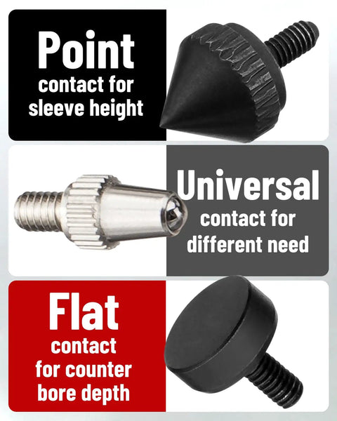 Point, universal, and flat contacts for Gearhead Pro Grade Cylinder Bore Gauge With Sleeve Height And Counterbore Tool For All Diesel Engines