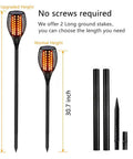 43 Inch Solar Torch Lights With Realistic Flickering Flames 2 Pack waterproof stakes shown in two height options with accessories