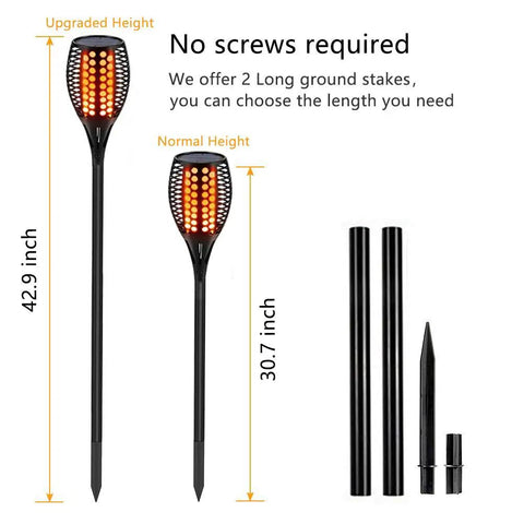 43 Inch Solar Torch Lights With Realistic Flickering Flames 2 Pack waterproof stakes shown in two height options with accessories