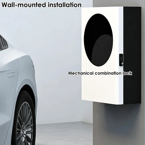 Heavy Duty Wall Mounted Outdoor EV Charger Storage Box With Key And Combo Lock shown on wall, featuring mechanical lock and sleek design.