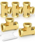 Brass Tee Fitting Kit Three Way One Quarter Inch NPT Female Pipe Connectors Five Piece Set visible with accessories