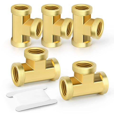 Brass Tee Fitting Kit Three Way One Quarter Inch NPT Female Pipe Connectors Five Piece Set visible with accessories
