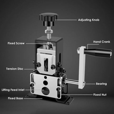 Beefy Copper Wire Stripping Tool With Hand Crank Or Drill Power, Handles Insulation On Scrap Wire From 0.06 To 0.98 Inch, Portable Aluminum Frame Wire Peeler For Recycling And Crafting showing detailed labeled components against a black background.