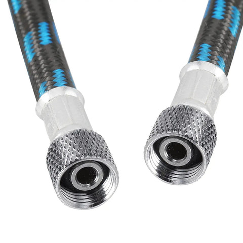 Six Foot Nylon Braided Airbrush Hose With Slick Zero Drip Airflow And Dual 1/8 Inch Ports Plus 1/8 Male To 1/4 Female Fitting ends close up