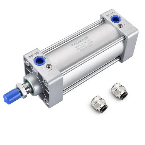 Pneumatic Air Cylinder 80 By 150 mm With 3.15 Inch Bore And 5.9 Inch Stroke Double Acting Single Rod M20X1.5 Threaded Rod Port Size Three Eighths Inch Includes Two Push In Fittings