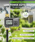 60 Ft Drip Irrigation System With Smart Timer displayed on faucet with digital screen showing settings, brass connectors visible.