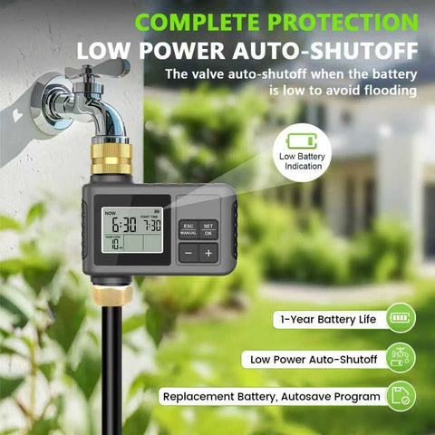 60 Ft Drip Irrigation System With Smart Timer displayed on faucet with digital screen showing settings, brass connectors visible.