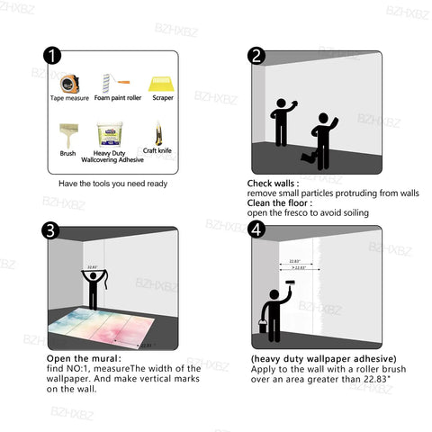Installation instructions for Colorful Cloud Wall Mural For Living Room And Bedroom Decor Fabric Material Large 137 By 96 Inch Backdrop Not Peel And Stick Requires Thick Wallpaper Adhesive Divided Into Six 22.83 Inch Wide Panels