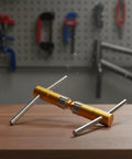 Pro Grade Bottom Bracket Thread Repair Tool And Thread Chaser For BC1.37x24T Bikes, gold metal tool on bench