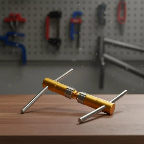 Pro Grade Bottom Bracket Thread Repair Tool And Thread Chaser For BC1.37x24T Bikes, gold metal tool on bench