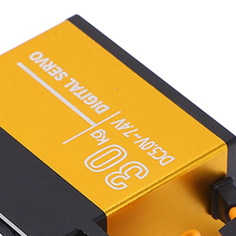 Knockout 30 Kg Digital RC Servo With Heavy Duty Metal Gears And Precision 25T Horn CNC Aluminum Case Double Ball Bearings close-up.