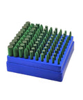 One Hundred Piece Set Of Abrasive Rubber Mounted Grinding Bits With 3Mm Shank for precision polishing in a blue organizer.