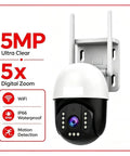 Built Tough 5MP PtZ Outdoor Security Camera Features Rock Solid IP66 Weatherproof build mounted on a wall with antenna.