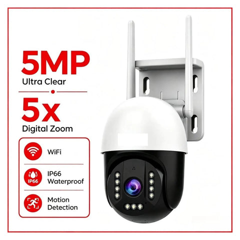 Built Tough 5MP PtZ Outdoor Security Camera Features Rock Solid IP66 Weatherproof build mounted on a wall with antenna.