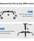 Installation steps for Heavy Duty Office Chair Base Replacement With Universal Fit Caster Sockets And Matte Black Finish.
