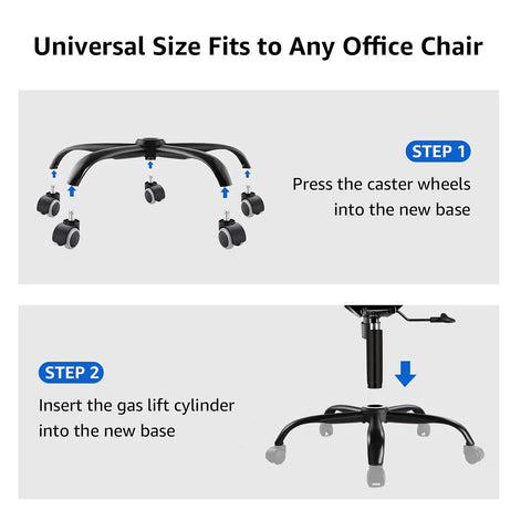 Installation steps for Heavy Duty Office Chair Base Replacement With Universal Fit Caster Sockets And Matte Black Finish.