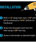 Installation guide for Set Of 4 Swivel Levelers For Furniture Adjustable Feet Glide showing drill depth and tools needed.