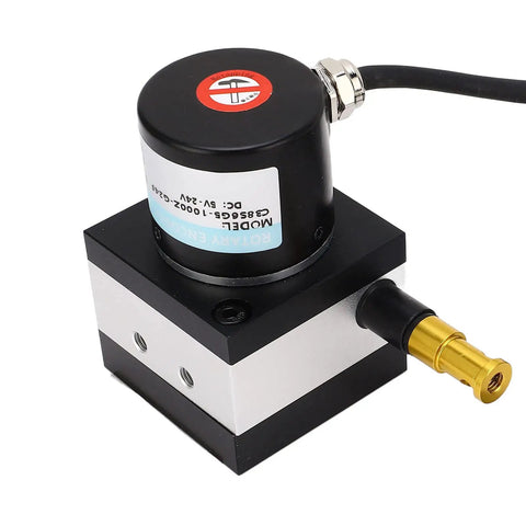 Close-up of a black and silver Stroke Linear String Pot Encoder Sensor for draw-wire systems with visible wiring connection.